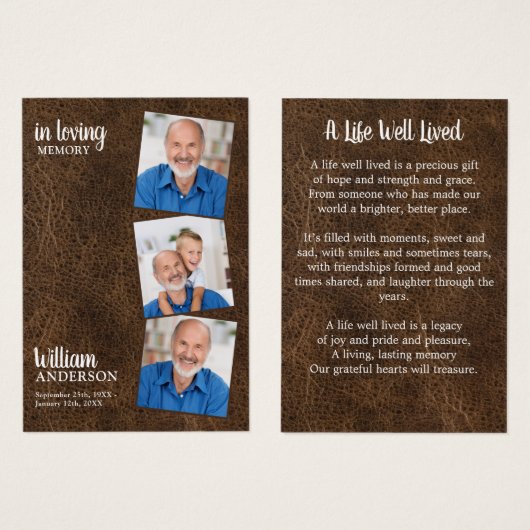 Memorial 3 Foto Funeral Prayer Kaart Leather (Voorkant /achterkant)