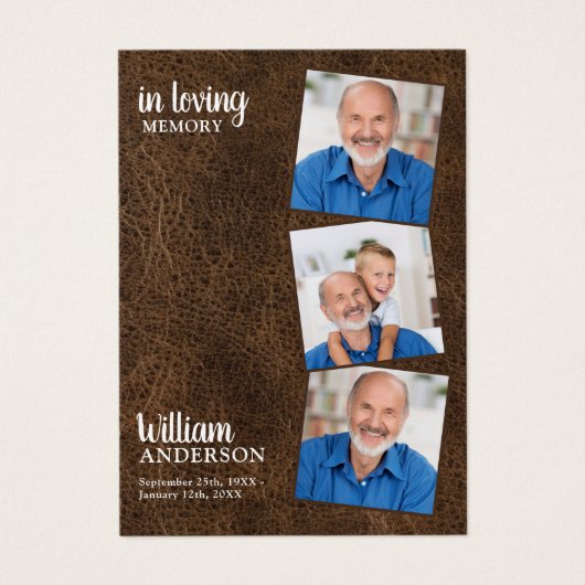 Memorial 3 Foto Funeral Prayer Kaart Leather (Voorkant)