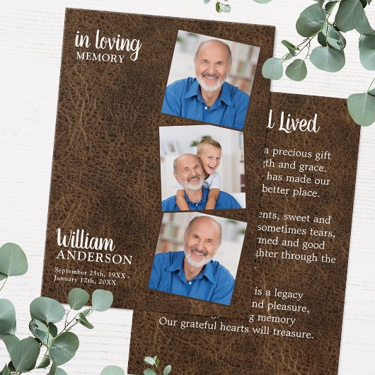 Memorial 3 Foto Funeral Prayer Kaart Leather