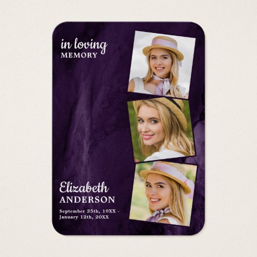 Memorial 3 Foto Funeral Prayer Kaart Paars Marble (Voorkant)