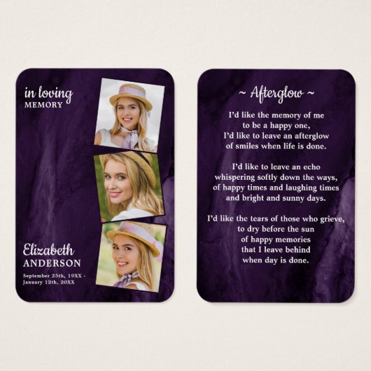 Memorial 3 Foto Funeral Prayer Kaart Paars Marble (Voorkant /achterkant)