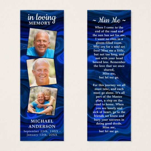 Memorial 3 Foto geem Funeral Prayer Bladwijzer Blu Mini Visitekaartjes (Voorkant /achterkant)