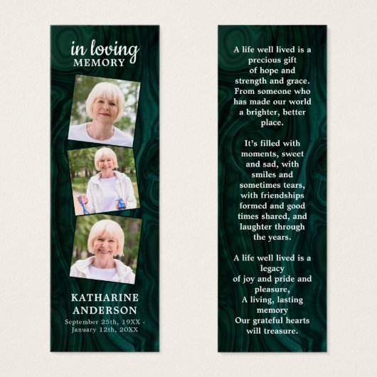 Memorial 3 Foto Green Funeral Prayer Bladwijzer Mini Visitekaartjes (Voorkant /achterkant)
