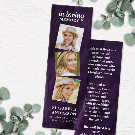 Memorial 3 Foto Paars Funeral Prayer Bladwijzer Mini Visitekaartjes