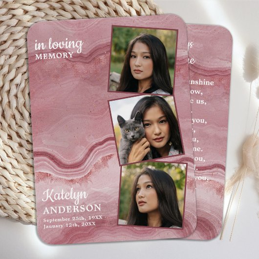 Memorial 3 Foto Pink Marble Funeral Prayer Kaart