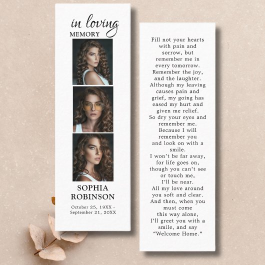 Memorial 3 Photo Collage Funeral Prayer Kaart Mini Visitekaartje