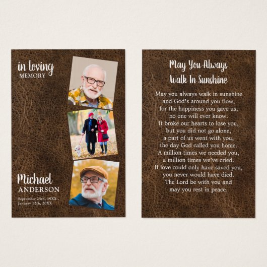 Memorial 3 Photo Leather Funeral Prayer Card Visitekaartje (Voorkant /achterkant)