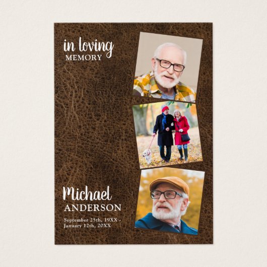 Memorial 3 Photo Leather Funeral Prayer Card Visitekaartje (Voorkant)
