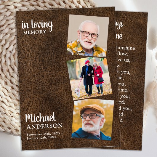 Memorial 3 Photo Leather Funeral Prayer Card Visitekaartje