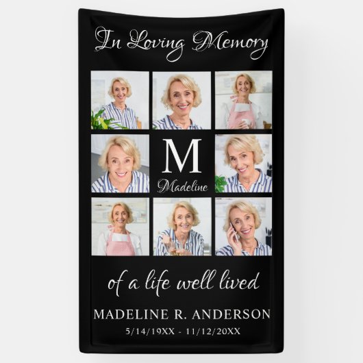 Memorial 8 Foto Collage Personalized Funeral Spandoek (Verticaal)