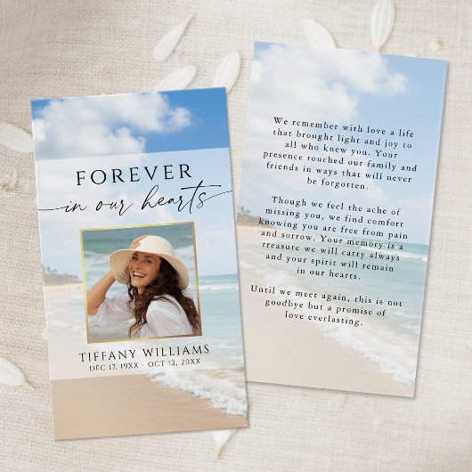 Memorial Beach Photo Forever Hearts Prayer Card Visitekaartje