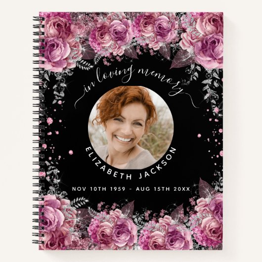 Memorial Black roze florals foto begrafenis Notitieboek (Voorkant)