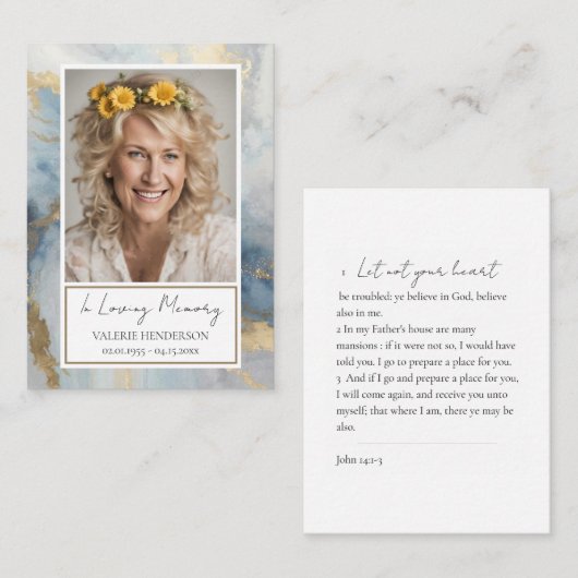 Memorial Blauw en Goud Foto Begrafenis Keepsake Bu Visitekaartje (Voorkant / Achterkant)