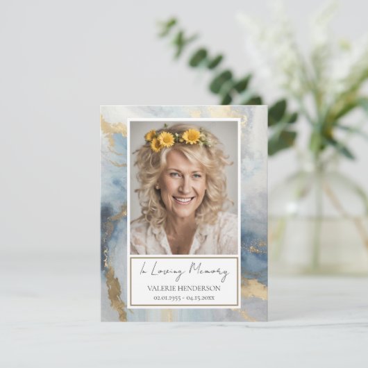 Memorial Blauw en Goud Foto Begrafenis Keepsake In Kaart (Staand voorkant)