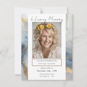 Memorial Blue en Gold Photo Funeral Service Kaart