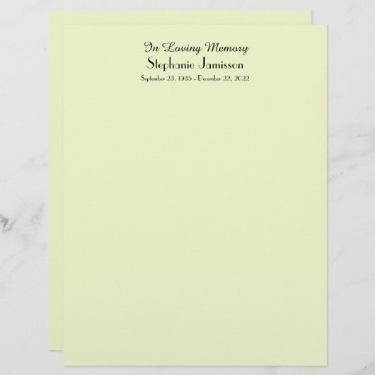 Memorial Book Filler Page, Bleke groene kleur (Voorkant / Achterkant)