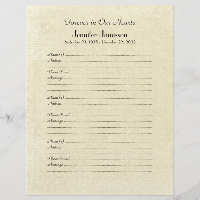 Memorial Book Filler Page, Distress Cream Paper (Voorkant)