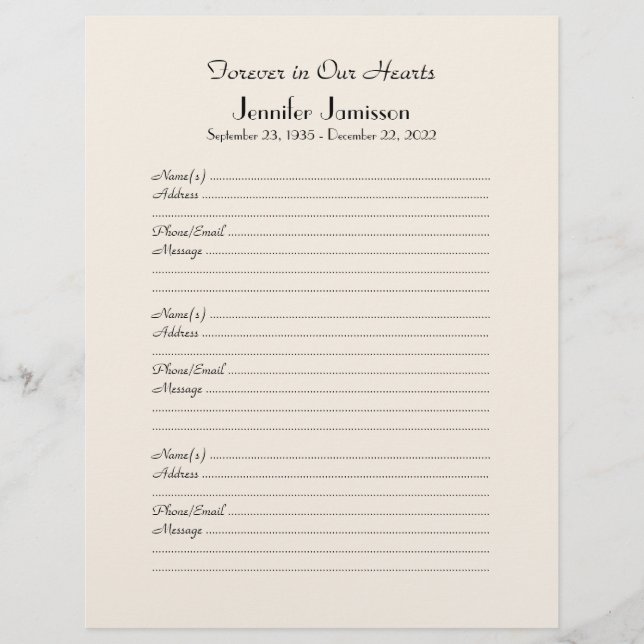 Memorial Book Filler Page, Off White (Voorkant)