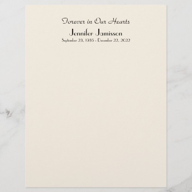 Memorial Book Filler Page, Off White Color (Voorkant)