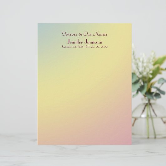 Memorial Book Filler Page, Pastel Yellow Blue Pink (Staand voorkant)
