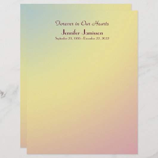 Memorial Book Filler Page, Pastel Yellow Blue Pink (Voorkant / Achterkant)