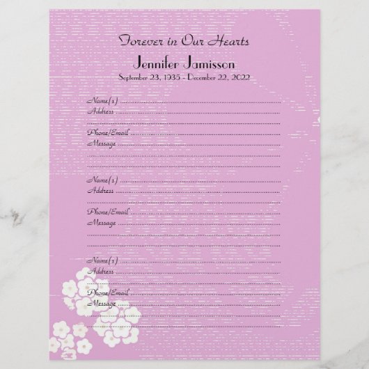 Memorial Book Filler Page, Pink Floral (Voorkant)
