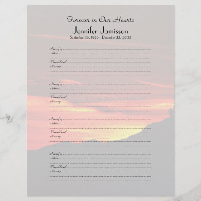Memorial Book Filler Sign-In Page Kolob Sunset (Voorkant)
