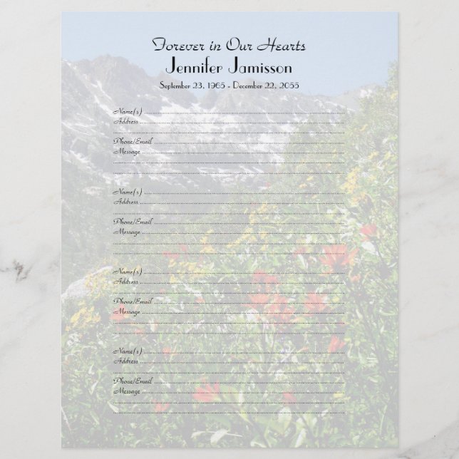 Memorial Book Filler Sign-In Page Wildbloemen (Voorkant)