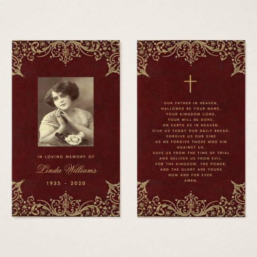Memorial  Burgundy Gold Funeral Prayer Card Visitekaartje (Voorkant /achterkant)