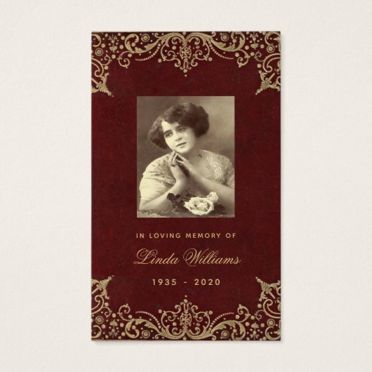Memorial  Burgundy Gold Funeral Prayer Card Visitekaartje (Voorkant)