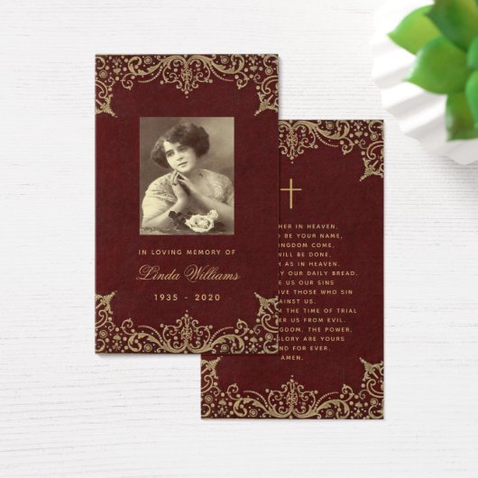 Memorial  Burgundy Gold Funeral Prayer Card Visitekaartje (Bureau)