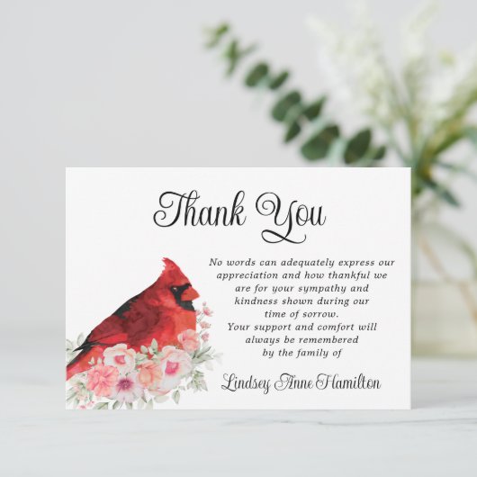 Memorial Cardinale Waterverf Floral Hartelijk dank Bedankkaart (Staand voorkant)