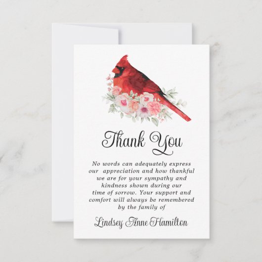 Memorial Cardinale Waterverf Flowers Dank u Bedankkaart (Voorkant)