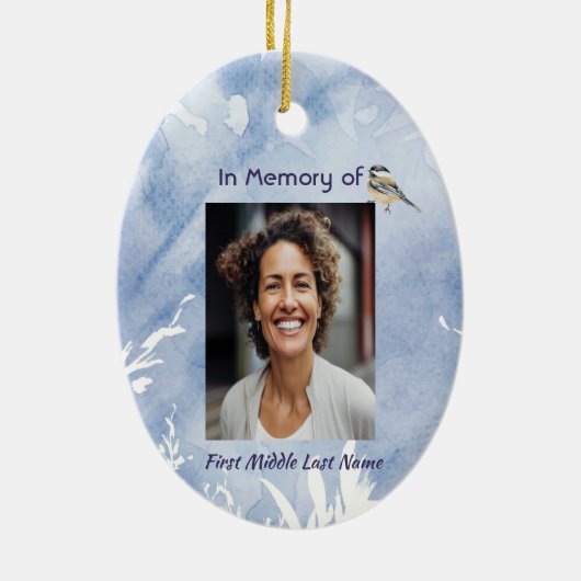 Memorial Chickadee Bird Winter Snow Tree Keramisch Ornament (Achterkant)