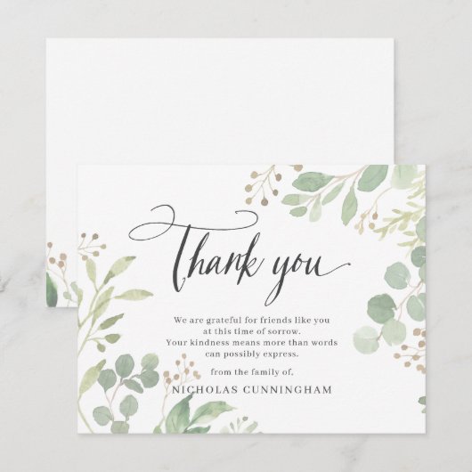 Memorial Classic Simple Greenerage Botanical Bedankkaart (Voorkant / Achterkant)