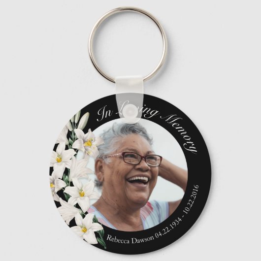 Memorial Custom Foto  Lily Black Floral Sleutelhanger (Voorkant)