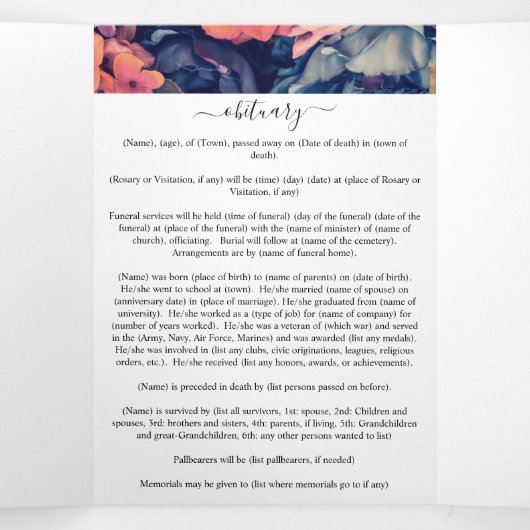 Memorial Dark Multiple Floral Funeral Drieluik Programma (Binnenkant midden)