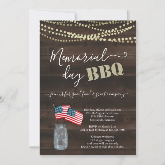 Memorial Day BBQ Party Invitation - Rustisch hout Kaart (Voorkant)