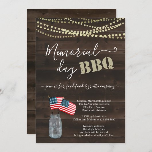 Memorial Day BBQ Party Invitation - Rustisch hout Kaart (Voorkant / Achterkant)