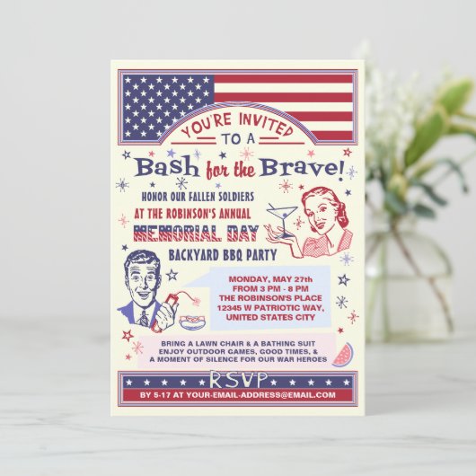 Memorial Day BBQ Party | Retro Patriotic Summer Kaart (Staand voorkant)