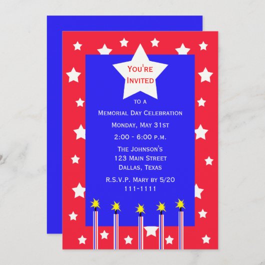 Memorial Day Feest Vuurwerk en Sterren Uitnodiging (Voorkant / Achterkant)