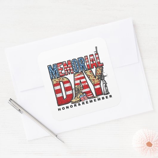 Memorial Day Honor & Remember Amerikaanse vlag Vierkante Sticker (Envelop)