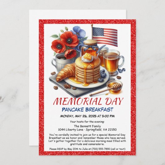 Memorial Day Pancake Ontbijt Uitnodiging (Voorkant / Achterkant)