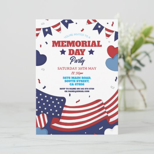 Memorial Day Party Amerikaans rood wit blauw sterr Kaart (Staand voorkant)