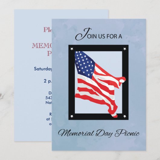 Memorial Day Picknick uitnodiging, vlag, blauwe lu Kaart (Voorkant / Achterkant)