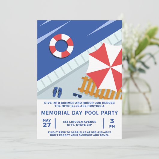 Memorial Day Pool Party Rood Wit & Blauw Kaart (Staand voorkant)