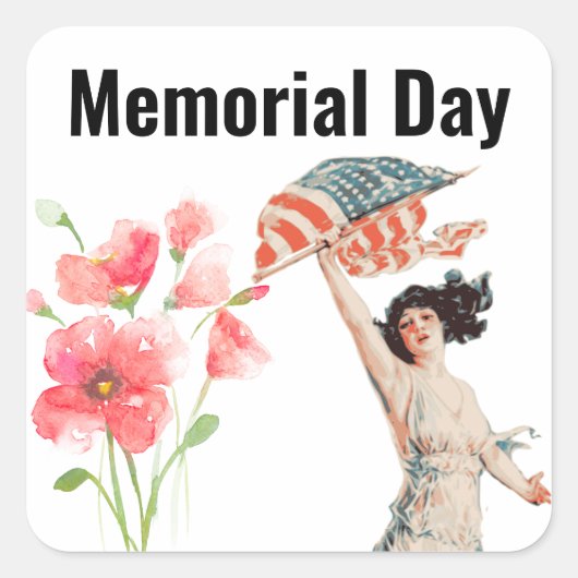 Memorial Day Red Poppy & Amerikaanse vlag Vierkante Sticker (Voorkant)