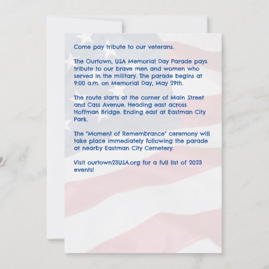 Memorial Day Star Flag Our Town Annual Parade Kaart (Achterkant)