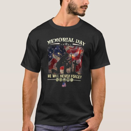 Memorial Day We zullen nooit veteranenovers verget T-shirt (Voorkant)