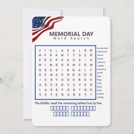 Memorial Day Woordzoekpuzzel Kaart (Voorkant)